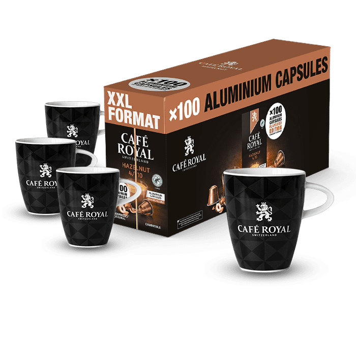 Cafe Royal Hazelnut 100 Flavoured Kaffee Kapseln grosse Packung Nespresso kompatibel plus 4 Lungo Tassen