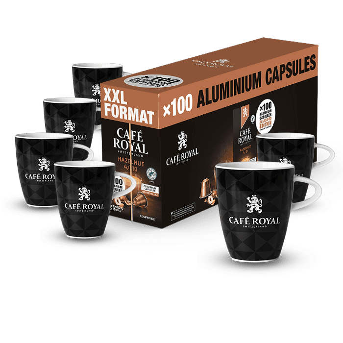 Cafe Royal Hazelnut 100 Flavoured Kaffee Kapseln grosse Packung Nespresso kompatibel plus 6 Lungo Tassen