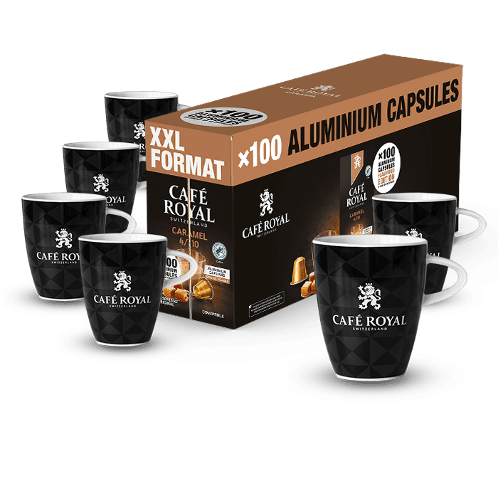 Cafe Royal Caramel 100 Flavoured Kaffee Kapseln grosse Packung Nespresso kompatibel plus 6 Lungo Tassen
