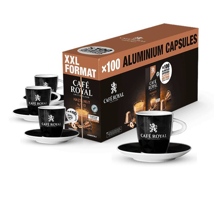 Cafe Royal Hazelnut Big pack de 100 capsules aromatisées compatibles Nespresso plus 4 tasses espresso