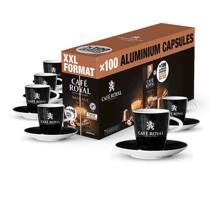 Cafe Royal Hazelnut Big pack de 100 capsules aromatisées compatibles Nespresso plus 6 tasses espresso