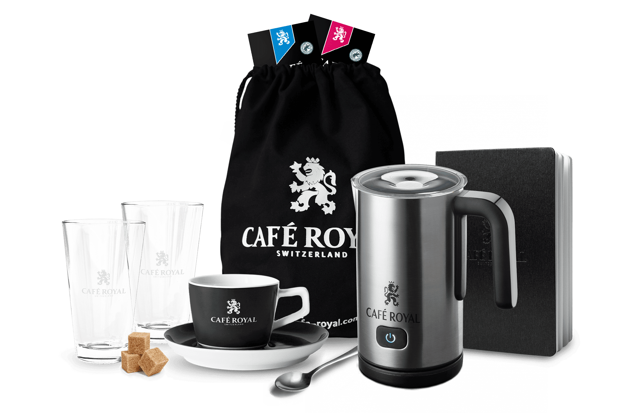 Accessoires comme tasses, serviettes ou mousseur à lait de Café Royal