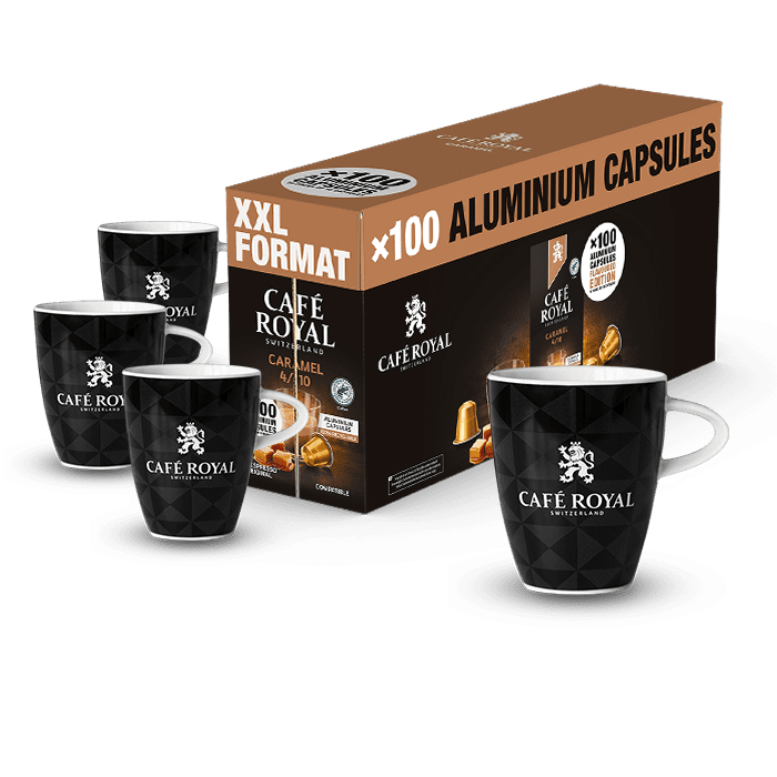 Cafe Royal Caramel 100 Flavoured Kaffee Kapseln grosse Packung Nespresso kompatibel plus 4 Lungo Tassen